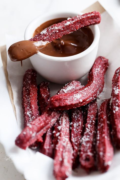 The Best Red Velvet Churros (Baked) + VIDEO! | http://cafedelites.com Velvet Recipes, Baked Churros, Red Velvet Desserts, Homemade Churros, Red Velvet Recipes, Churros Recipe, Red Food, Sweets Desserts, Just Desserts