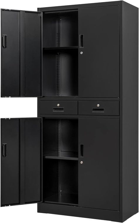 PRICES MAY VARY. [ 2 Drawers ] The metal cabinet with 2 drawers and each drawer has a lock. So it can secure important documents. The drawers with smooth slider, so drawers can be easily pushed or pulled. [ Adjustable Shelf ] The storage cabinet have 2 adjustable shelves. You can move the shelves up or down according to your need. [ Four Separate Locking Mechanisms ] The metal cabinet with four locks separate locking mechanisms. Four separate locking mechanisms so you can sort items for safekeep Metal Storage Cabinet, Steel Storage Cabinets, Salon Suites Decor, Pantry Storage Cabinet, Furniture Storage Cabinets, Metal Storage Cabinets, Office Garage, Steel Storage, Goth Home Decor