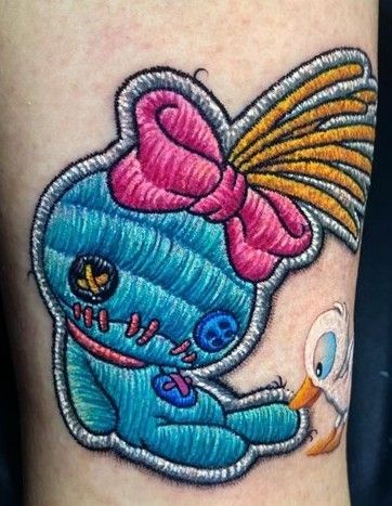 Scrump Tattoo, Stitching Tattoo, Embroidery Tattoo Ideas, Tattoo Patches, Betta Tattoo, Patch Tattoos, Embroidery Tattoos, Lilo And Stitch Tattoo, Patch Tattoo