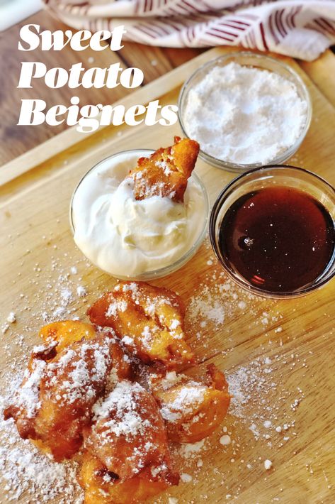 Have some sweet potatoes? Try out this creative recipe to use them! How would you eat these beignets? With powdered sugar, homemade whipped cream, cane syrup gastrique, or all 3...? We make these at Thanksgiving instead of traditional sweet potato dishes and everyone loves them! Check out the recipe on PontchartrainKitchen.com #sweetpotatoes #homemade #beignets #recipe Beignets Easy, Gastrique Recipe, Homemade Beignets, New Orleans Beignets, Cane Syrup, Beignet Recipe, Sweet Potato Dishes, Sweet Potato Souffle, Candied Sweet Potatoes