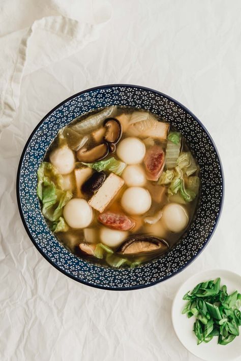 Savory tang yuan soup in a blue bowl. Savory Tang Yuan, Lap Cheong, Flour Dumplings, Chinese Mushrooms, Tang Yuan, Chinese Sausage, Mushroom Broth, Glutinous Rice Flour, Fish Ball