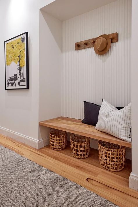 Hallway storage nook by Rachel and Ryan on The Block 2022. The woven baskets and plush cushions gave the built-in nook warmth and a sense of 'home'. Hallway Nook Ideas, Beautiful Hallways, The Block 2022, Entry Nook, Anna Blatman, Hallway Laundry, Mud Room Entry, Black Floor Tiles, Home Hall Design