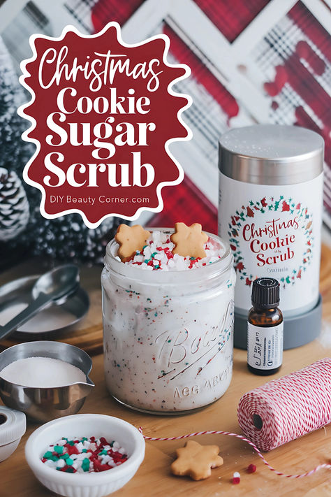 DIY Christmas cookie sugar scrub in a glass jar with festive sprinkles and gingerbread cookies, perfect for holiday gifting. Diy Christmas Scrubs, Homemade Sugar Scrub Christmas, Holiday Body Scrubs, Sugar Scrub Recipe Christmas, Christmas Cookie Sugar Scrub, Holiday Sugar Scrub Diy, Christmas Hand Scrub, Christmas Body Scrubs, Christmas Sugar Scrub