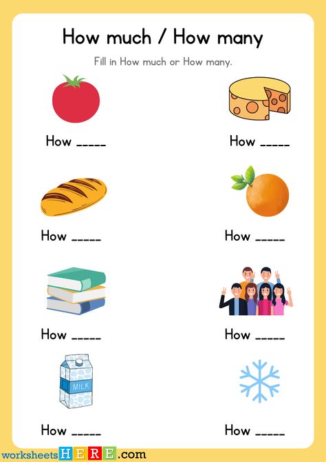 How much or How many Exercises Examples PDF Worksheet For Kids - WorksheetsHere.com How Much And How Many Worksheet, Who That Which Worksheet, Some Any Much Many A Lot Of Few Little Worksheet, How Many Worksheet, English Exercises For Kids, These And Those Worksheet Kids, Uncountable Nouns, Singular And Plural, English Exercises