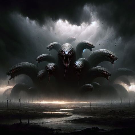 Behold the Hydra-Titan, where myth intertwines with prehistoric might. 🌑🐍🌀 #mythicalcreatures #digitalart #fantasyworld #hydra #titanoboa #ancientbeasts #darkfantasyart #creatureconcept #serpentpower #mythicart #artofvisuals #storytelling #epicbeast #monsterdesign #imaginaryworlds #photooftheday #beastfromtheabyss #legendary Prehistoric Aesthetic, Titanoboa Snake, Hydra Snake, Lernean Hydra, Hydra Art, Hydra Monster, Greek Mythical Creatures, Sleeve Inspiration, Largest Snake