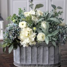 Beautiful blue and creamy white hydrangea centerpiece. White Hydrangea Centerpieces, Hydrangea Centerpiece, Hydrangea Arrangements, Flowers And Greenery, Farmhouse Garden, Deco Floral, White Hydrangea, Decor Guide, Ranunculus