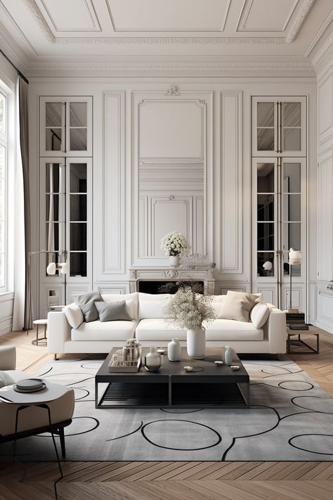 Neoclassical Sofa, Parisian Style Home, Minimalist Color Palette, Parisian Living Room, Sofa And Chairs, Neoclassical Design, Minimalist Color, White Sofa, Neoclassical Architecture