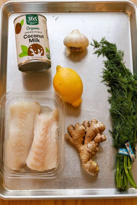 ingredients for recipe on a silver sheet tray. Poached Cod, Arugula Salad Recipes, Coconut Sauce, Cod Recipes, Kaffir Lime, Quick Weeknight Meals, Culinary School, Canned Coconut Milk, Cilantro Lime