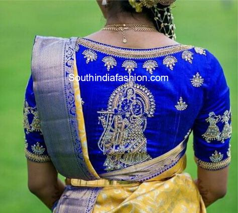 radha krishna embroidery blouse South Indian Bridal Blouse Designs, Indian Bridal Blouse Designs, Silk Sari Blouse, Krishna Design, Blue Blouse Designs, Blouse Images, Boat Neck Blouse Design, Wedding Saree Blouse, Wedding Saree Blouse Designs