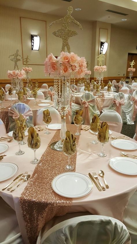 Quinceañera ballerina them   blush rose glod ivry and dusty pink Rose Gold Quince Centerpiece Ideas, Ballerina Quinceanera Theme, Quinceañera Table Decorations, Pink Quinceanera Theme Decoration, Blush Quinceanera Theme, Pink And Gold Quinceanera Decorations, Quinceanera Rose Gold Theme, Quince Decorations Pink, Rose Gold Quinceanera Decorations