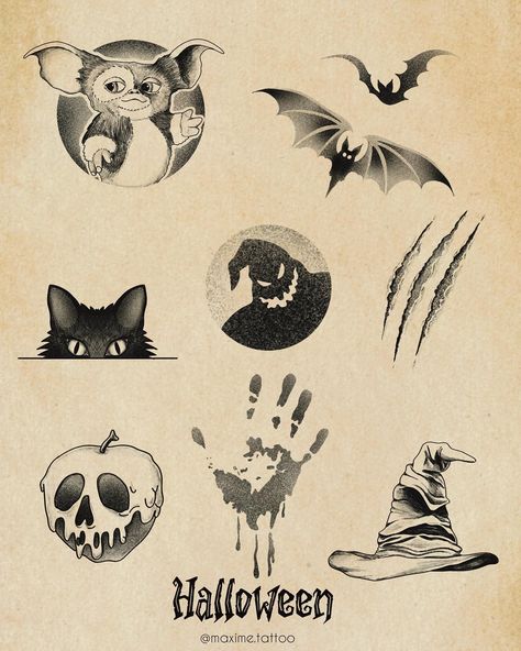 My halloween flash sheet for our annual Halloween flash day! I decided to base a few(4) of my designs around movies. Do you recognise them all? Info👻🎃💀 The flashday will take place on October the 26th, from 10:00 until…? Flash is repeatable on that day and only available on arms and legs. . . . . #halloween #halloweentattoo #halloweenflash #halloweentattoodesigns #flashsheet #tattooideas zwolle tattoo #tattoozwolle #mellowbynozem #halloweenflashday Halloween Stomach Tattoo, Flash Halloween Tattoo, Halloween Tattoo Flash Sheet, Halloween Flash Sheet, Tattoo Flash Sheets, Halloween Tattoo Flash, Halloween Flash, Flash Sheets, G Tattoo