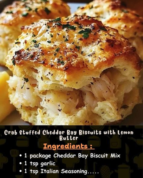 Ingredients: For the Biscuits: 1 package Cheddar Bay Biscuit Mix 1 tsp garlic powder 1 tsp Italian seasoning... Crab Stuffed Cheddar Bay Biscuits, Stuffed Cheddar Bay Biscuits, Bisquit Recipes, Crab Stuffed, Cheddar Bay Biscuits, Biscuit Mix, Crab Recipes, Fun Easy Recipes, Lemon Butter