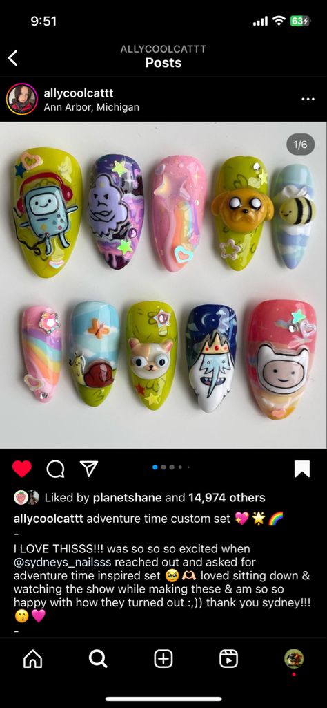 Adventure Time Nails, Time Nails, Nail Time, Goth Nails, Grunge Nails, Kawaii Nails, Star Nails, Funky Nails, Nail Art Inspiration