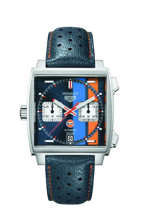 TAG HEUER MONACO GULF SERIES, THE ULTIMATE COLLECTOR’S GUIDE | TAG Heuer Official Magazine Tag Heuer Monaco, Gulf Racing, Case 39, Tag Heuer Watch, Latest Watches, Gents Watches, Box Card, 60 Seconds, Blue And Orange