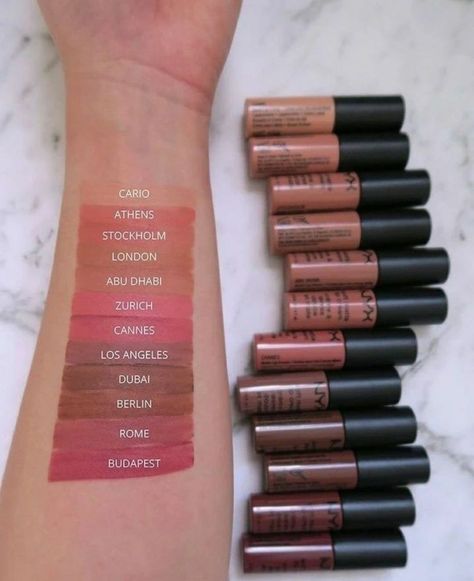 A picture of NYX soft matte lip cream lipsticks range shades swatched on an arm Nyx Lip Cream, Liquid Lipstick Swatches, Nyx Soft Matte Lip Cream, Drugstore Lipstick, Matte Lipstick Shades, Nyx Soft Matte, Petaling Jaya, Soft Matte Lip Cream, Lip Makeup Tutorial