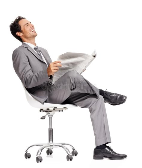 Selling those stocks was the right choice. A young executive throwing his head back and laughing while reading a royalty free stock image Reading A Newspaper, Poses Reference, Pose Reference, Dumb And Dumber, Newspaper, Stock Images Free, Photo Image, Calligraphy, Royalty