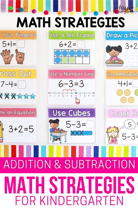 A bulletin board with colorful math strategies 1st Grade Math Strategies Anchor Charts, Addition And Subtraction Anchor Chart Kindergarten, Addition Strategy Anchor Chart, Teaching Addition To Kindergarten, Kindergarten Math Classroom, Addition Strategies Anchor Chart Kindergarten, Introducing Addition Kindergarten, Addition Strategies Kindergarten, Teaching Subtraction First Grade