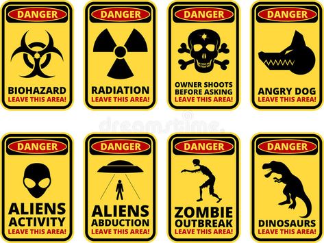 Danger sig. Vector warning humorous signs with sci-fi and rare hazards - vector #Sponsored , #sponsored, #SPONSORED, #Vector, #Danger, #sig, #warning Warning Logo, Game Area, Angry Dog, Warning Signs, Funny Signs, Aliens, Zombie, Sci Fi, Stock Vector