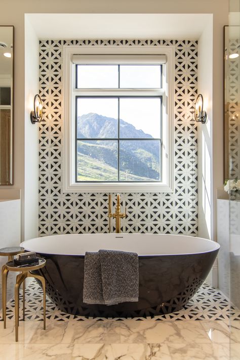 Picture Windows Above Tub Casts Light on Tilework Window Above Bathtub, Bathtub Pictures, Pella Windows, White Windows, Bathroom Windows, Exterior Ideas, Wood Windows, Replace Door, Picture Windows