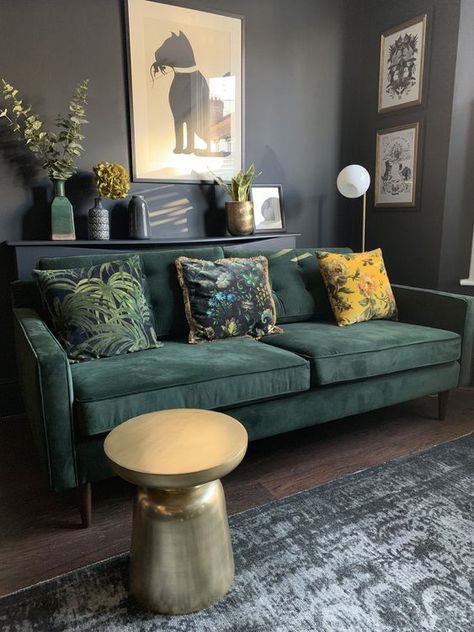 87 Green And Grey Living Room Decor Ideas - DigsDigs Dark Grey Walls Living Room, Grey Living Room Decor Ideas, Living Room Ideas Green, Green And Grey Living Room, Room Ideas Green, Dark Green Sofa, Grey Living Room Decor, Navy Velvet Sofa, Green Sofa Living Room