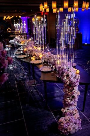 Breathtaking Glamorous Wedding at Four Seasons Hotel | 19 more photos on PartySlate Clear Candelabra Centerpiece, Purple Party Decorations, Purple Centerpieces, Candelabra Centerpiece, Dream Wedding Decorations, Purple Party, Wedding Event Design, Luxury Weddings, Modern Glam