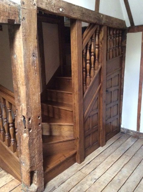 Oak Stairs and Cupboards fitted into existing very tight space Stairs For Tight Spaces, Victorian Stairs, Old Stairs, Cottage Stairs, Bespoke Staircases, Rustic Stairs, House Staircase, Oak Stairs, Wooden Staircases