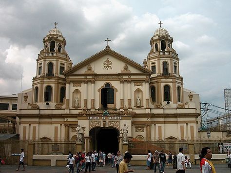 Quiapo Church, a Roman Catholic church, in Manila, Philippines. Churches In The Philippines, Quiapo Church, Philippine Churches, Black Nazarene, Philippine Architecture, Filipino House, Old Catholic Church, Filipino Architecture, Visit Philippines