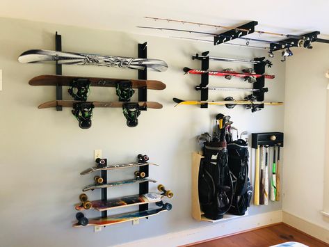 "Organizes snowboards in a Garage, bedroom, Man-cave or Basement Our \"Clear and Black\" Snowboard Organizer is on SALE for 15%  off:  Normally $68.00, Now $59.00!! **  See product videos at hangthisup.com Holds 4 Snowboards Now available in Black and Clear finish!! Your snowboards will look great displayed on this device!! This product is cut on a CNC router table out of Premium Wisa Birch plywood that is 3/8\" thick and has 7 layers.  It comes with an mounting plate for simple and easy install Snowboard Storage, Diy Wood Desk, Cnc Router Table, Garage Storage Inspiration, Gear Room, Snowboard Racks, Garden Tool Rack, Support Velo, Garage Bedroom