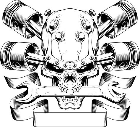 Piston Tattoo, Engine Tattoo, Art Moto, Mechanic Tattoo, Skull Stencil, Biker Tattoos, Car Tattoos, Skulls Drawing, Biker Art