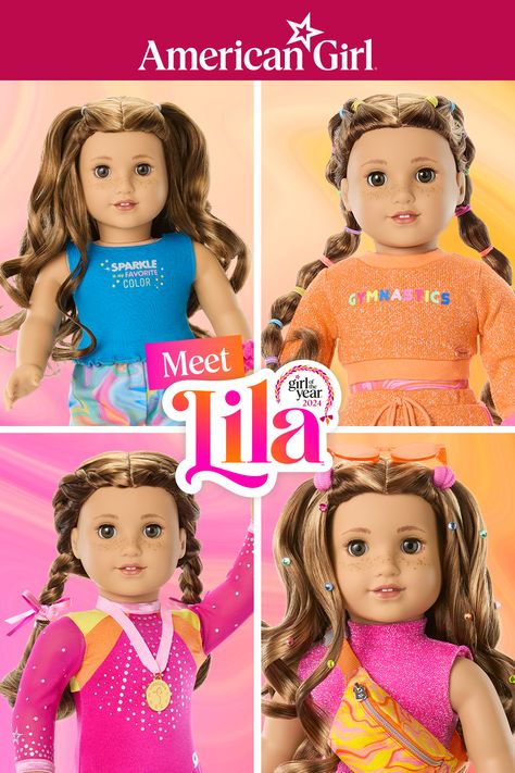 Lila, American Girl’s 2024 Girl of the Year, loves trying new hairstyles—on herself, her gymnastics teammates, and even her new friend, a horse named Hollyhock. Ag Doll Hairstyles, Colorful Hair Extensions, Our Generation Doll Clothes, American Girl Hairstyles, Pageant Evening Gowns, American Girl Doll Hairstyles, American Girl Books, Sparkly Hair, Girls Pjs