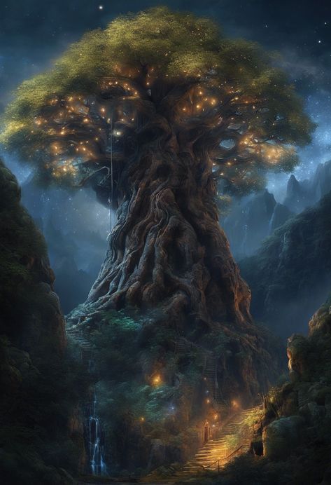 Enormous Fantasy Tree Check more at https://paintlyx.com/enormous-fantasy-tree/ Fantasy Tree Library, Big Fantasy Tree, Large Fantasy Tree, Giant Tree Fantasy Art, Dnd House, Doom 1, Tree Camping, Fantasy Village, Fantasy Tree