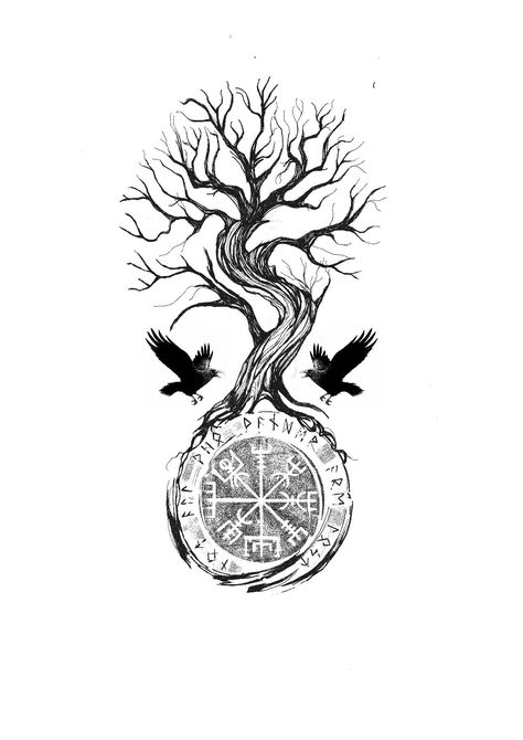 Vegvisir And Yggdrasil Tattoo, Yggdrasil Tattoo Vikings Tree Of Life, Yddrasil Tree Tattoo, Viking Tattoo Design Drawings, Yggdrasil Tattoo Vikings, Yggdrasil Tattoo Design, Ygdrassil Tattoo, Tree Of Yggdrasil, Nordic Mythology Tattoo