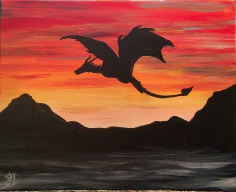 Dragon Painting Ideas, Dragon Painting Acrylic Easy, Advent Windows, Painted Tapestry, Dragon Painting, Dragon Silhouette, Art Zine, Silhouette Painting, Easy Canvas Painting