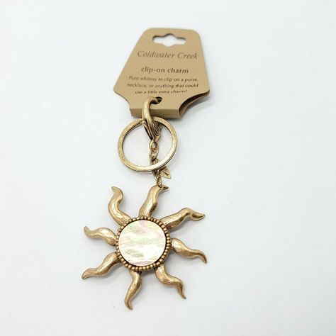 Coldwater Creek Clip On Charm Keychain Sun With Abalone Shell Gold Tone New 5.5 By 2.75" Sun Color, Keychain Clip, Fairy Decor, Clover Flower, Clip On Charms, Gold Sun, Charm Keychain, Amethyst Purple, Red Rhinestone