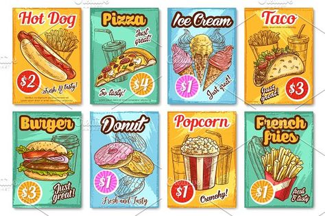 Fast food restaurant menu vector sketch posters by Vector Tradition SM on @creativemarket Hot Dog Sandwich, Fastfood Restaurant, Vine Decal, Hot Dog Pizza, Bistro Menu, Food Posters, Food Menu Template, Fast Food Menu, Bloxburg Decals Codes