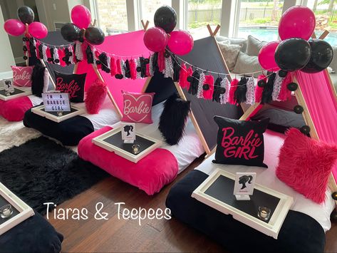 Barbie Party, Barbie themed party, Girl party ideas, kids parties, teepee party, tent party, slumber party, Barbie Barbie Sleepover Party, Disney Reveal, Sleepover Tents, Birthday Sleepover Ideas, Birthday Sleepover, Tent Party, Daughters Birthday, Teepee Party, Girls Tiara