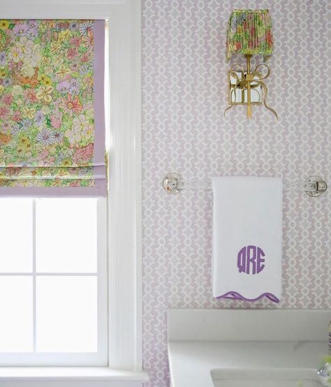 House of Harris on Instagram: “V A N D E R B I L T  fabric 🌸 It’s all about the details in this sweet bathroom by the talented @brookeriebelinginteriors 💕” Colorful Powder Room, $b Wallpaper, Samuel And Sons, American Interior, Lattice Pattern, White Furniture, Big Girl Rooms, Roman Shades, Kids' Bathroom