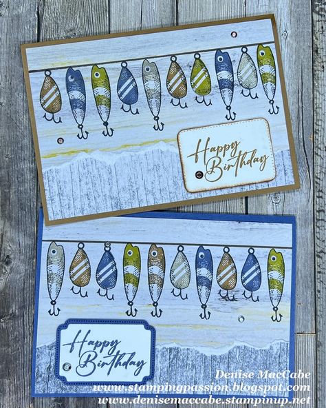 Card and a Cuppa card today was using Gone Fishing, Unbounded Love stamp sets and Country Woods DSP to create this fun masculine card. #cardandacuppa #gonefishingbundle #stampinupdemonstratoraustralia #denise_stamppassion Stampin Up Fishing Card Ideas, Fishing Cards Handmade, Stampin Up Gone Fishing Cards, Gone Fishing Stampin Up Cards, Masculine Cards Handmade, Fish Cards, Birthday Male, Cricut Birthday Cards, Men Cards