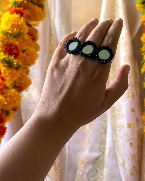 Black Mirror beaded Handmade Ring. Follow @jewelwati for more. •Free shipping on every prepaid order. •COD Available •Easy returns/exchange •To place order click the website link in bio 💻 •You can also DM us / WhatsApp on 9330793275 to order. . . . #rings #handmadering #bohemianjewelry #bohostyle #bohojewelry #handmadejewelry #mirrorjewellery . . . ( handmade jewellery, handmade ring, boho style, boho jewellery, boho vibes, women rings, explore page, beaded rings, mirror jewellery ) Navratri Art, Navratri Jewellery, Mirror Jewellery, Kutchi Work, Navratri Dress, Diy Fabric Jewellery, Fabric Jewellery, Handmade Boho Jewelry, Boho Jewellery