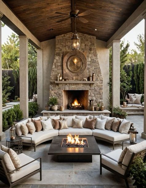 Apartment Ideas Bloxburg, Wall Art Projects, Yard Inspiration, Dreamy Design, Outdoor Fireplace Patio, Seating Ideas, Outdoor Patio Ideas, Backyard Fireplace, Backyard Pavilion