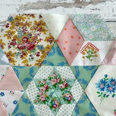 Rebecca Brennan on Instagram: "One of the things I liked most about Sue’s Gosling Quilt was the regularity of this scrappy design.  I am regularly asked about how to ‘do’ scrappy by stitchers.  The Gosling Quilt is a perfect entry point if this is something you want to try. The design is regular!!!  There are some lovely fractured hexagon designs available, but the Gosling Quilt is not a random placement of blocks. The design is a star, within a star, within a star.  When I was making my quilt I chose to really emphasise that element whilst still using a scrappy quilt pull and lots of vintage textiles. There is information about how to achieve this in the pattern.  I blame (read as - I am incredibly grateful) for the influence @fleurwoodsart has had on my making lately. I’ve really been em Hand Piecing, Hexagon Design, Scrappy Quilt, Vintage Textiles, Fabric Art, Choose Me, The Things, Textiles, Pattern