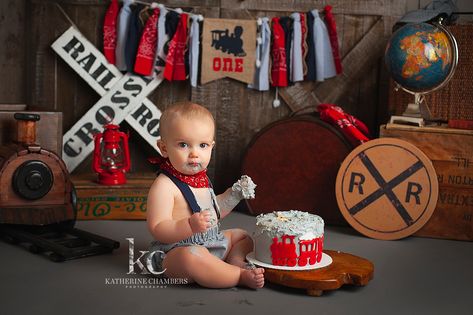 Train Birthday Photoshoot, Train Smash Cake, Second Birthday Pictures, Train Photoshoot, Train Theme Birthday Party, Three Birthday, Thomas The Train Birthday Party, Thomas The Train Party, 2nd Birthday Party For Boys