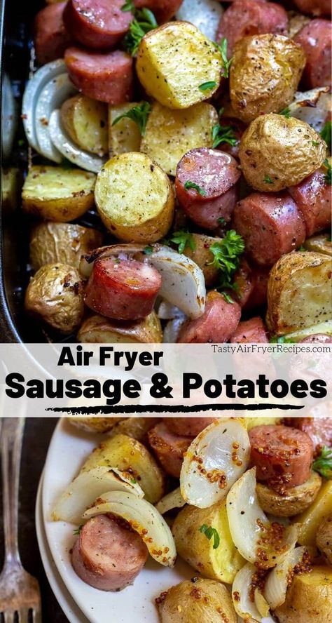 An entire meal made right in your air fryer. This Air Fryer Sausage and Potatoes Dinner Recipe is a super simple air fried meal that the whole family will enjoy! #airfryerrecipe #airfryerrecipes #airfryersausage #airfryerdinner #easydinnerrecipes #easydinnerideas #sausageandpotatoes Air Fryer Sheet Pan Recipes, Ninja Duel Air Fryer Recipes, One Pot Air Fryer Meals, Air Fry Dinner Recipes, Cheap Air Fryer Recipes, Dinner Ideas Air Fryer, Ninja Foodi Grill Recipes, Easy Air Fryer Meals Healthy, Ninja Foodi Recipes