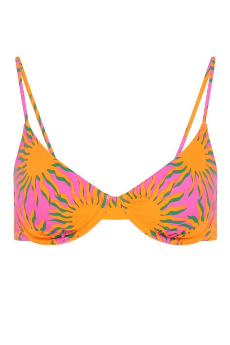 The Soliel bikini top features an underwire cup, gold clasp fastening to the back and adjustable straps. Cut in a soft recycled material and printed in a colourful sun print. Match with the Soliel bikini bottoms Content + Care: Main: 79% Recycled Polyester 21% Elastane Lining: 92% Recycled Polyester 8% Elastane Delicat Beachy Bikinis, Watermelon Swimsuit, Nike Winter Jackets, Swimsuit Inspo, Coverup Swimsuit, Summer Bathing Suits, Cute Bathing Suits, Cute Preppy Outfits, Swim Suits