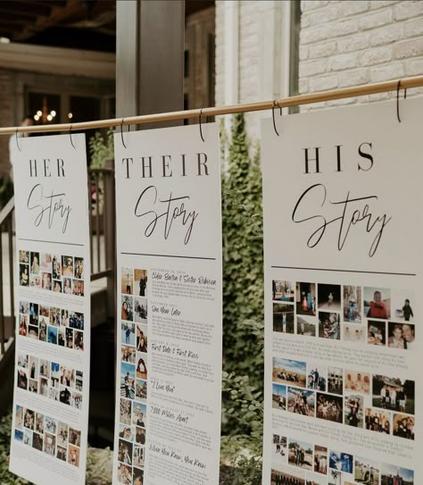 Photoboard Wedding, Photo Display Ideas For Wedding, His Story Her Story Their Story Wedding, Wedding To Do Board, Engagement Photos At Wedding Display, Quirky Wedding Decor, Wedding Vision Board Ideas, Cherry Blossom Wedding Theme, Engagement Party Diy