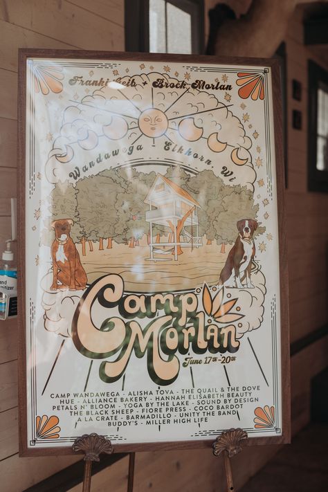 Festival themed wedding signage Camping Wedding Theme, Adult Summer Camp, Camp Wandawega, Summer Camp Themes, Campground Wedding, Festival Themed Wedding, Summer Camp Wedding, Outdoor Festival, Camping Theme Party