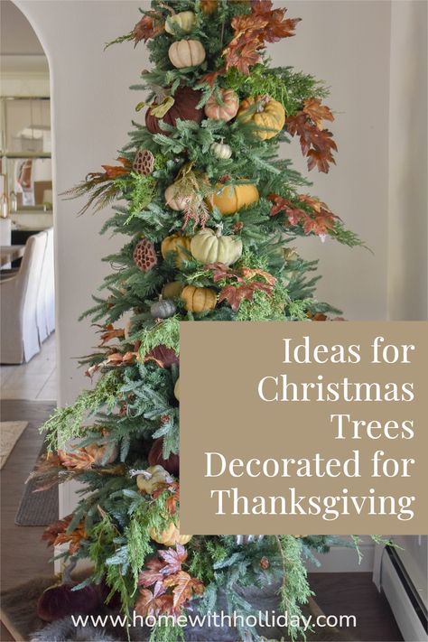 A Christmas Tree decorated for Thanksgiving/Fall Autumn Christmas Tree Decorating Ideas, Fall Decor Christmas Tree, Christmas Tree Decorated For Fall, Fall Holiday Tree, Fall Theme Christmas Tree, Fall Tree Topper Ideas, Fall Decorated Christmas Trees, Thanksgiving And Christmas Decorations, Thanksgiving Tree Decorations