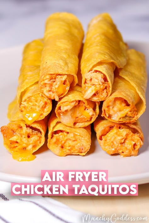 Air Fryer Chicken Taquitos with melted cheese stacked on top of each other. Crispitos Recipe, Air Fryer Chicken Taquitos, Shredded Chicken Cream Cheese, Amish Friendship Bread Starter Recipes, Easy Air Fryer Chicken, Chicken Cream Cheese, Friendship Bread Starter, Air Fryer Easy, Beans And Cheese