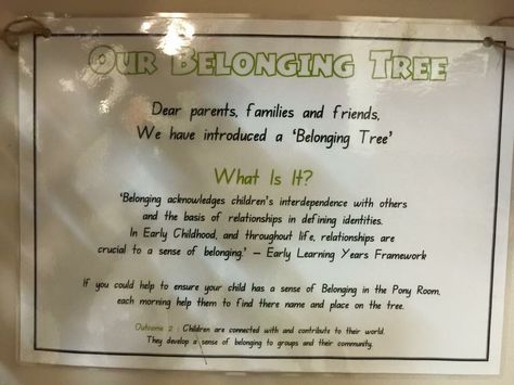 Belonging tree sign Preschool Documentation, Childcare Rooms, Family Tree Tattoo, Reggio Classroom, Family Day Care, Preschool Rooms, Learning Framework, Dear Parents, Reggio Inspired