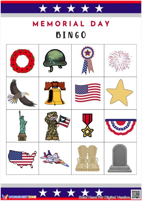 Use this universally loved game to celebrate Memorial Day in the classroom. Bingo is a great way to introduce and review vocabulary. Try it out! #holidays #memorialday #memorialdaybingo #bingogames #bingocards #worksheets #memorialdayworksheets #gamesforkids #activitiesforkids #printablesforkids #freeprintables Memorial Day Games, Classroom Bingo, Memorial Day Activities, Bingo Games For Kids, 1 Worksheet, Elderly Activities, History Activities, Game For Kids, Patriotic Holidays